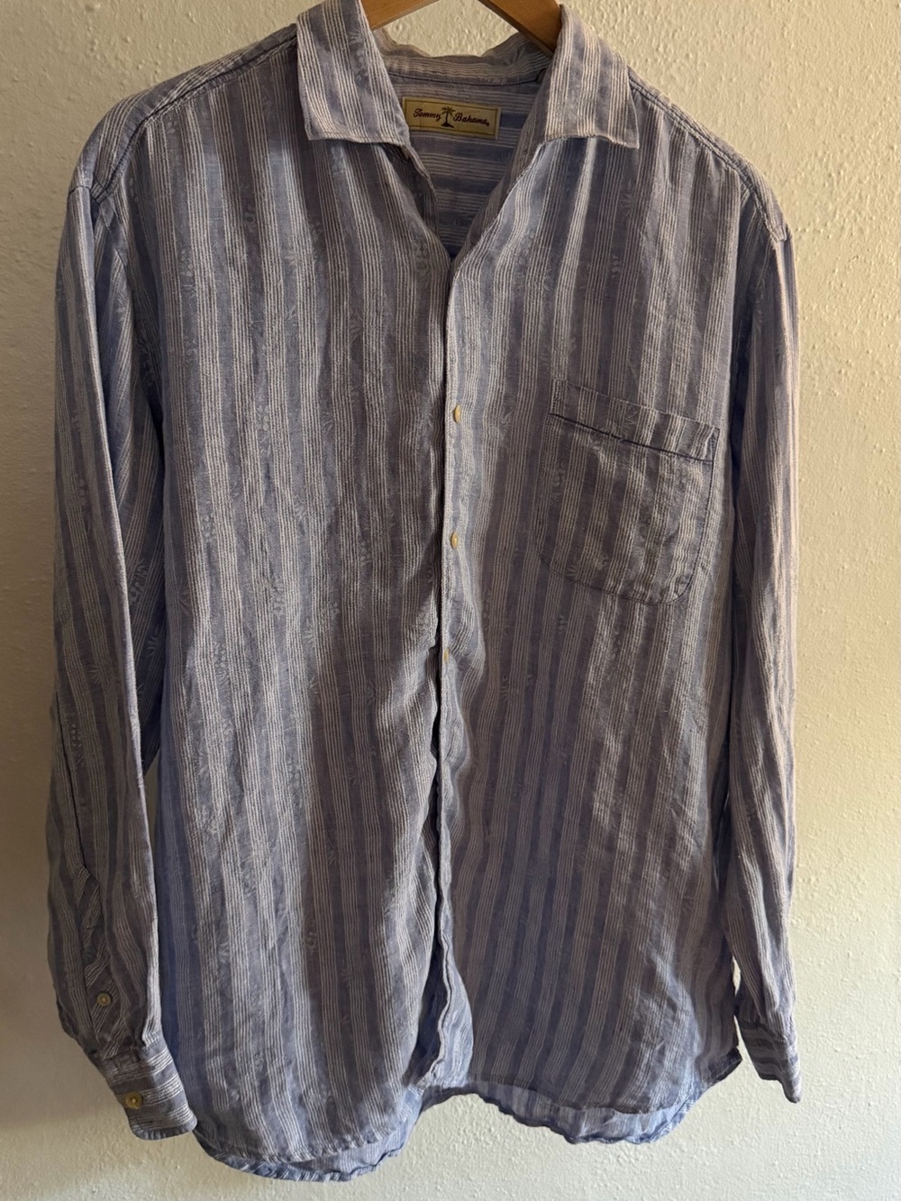 Tommy Bahama 100% Linen Button Front Shirt Blue Striped Tropical Print Men L